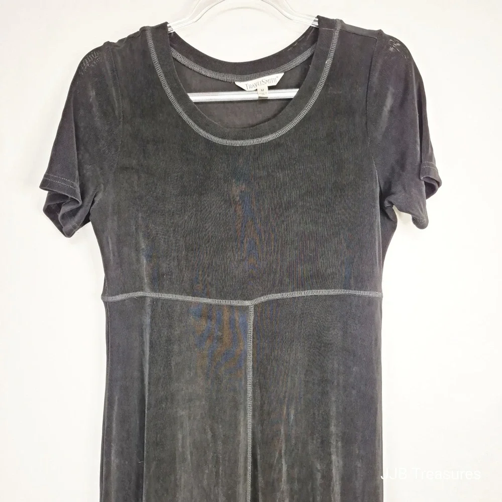 TravelSmith Womens Size M Black Empire Waist Ribbed‎ Midi Dress Short Sleeve